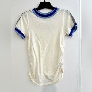 Free People Beige Tee with Navy Blue Neck Trim